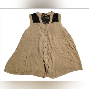 Velvet Heart Embroidered Tan Sleeveless Blouse With Black Lace Detail Size M